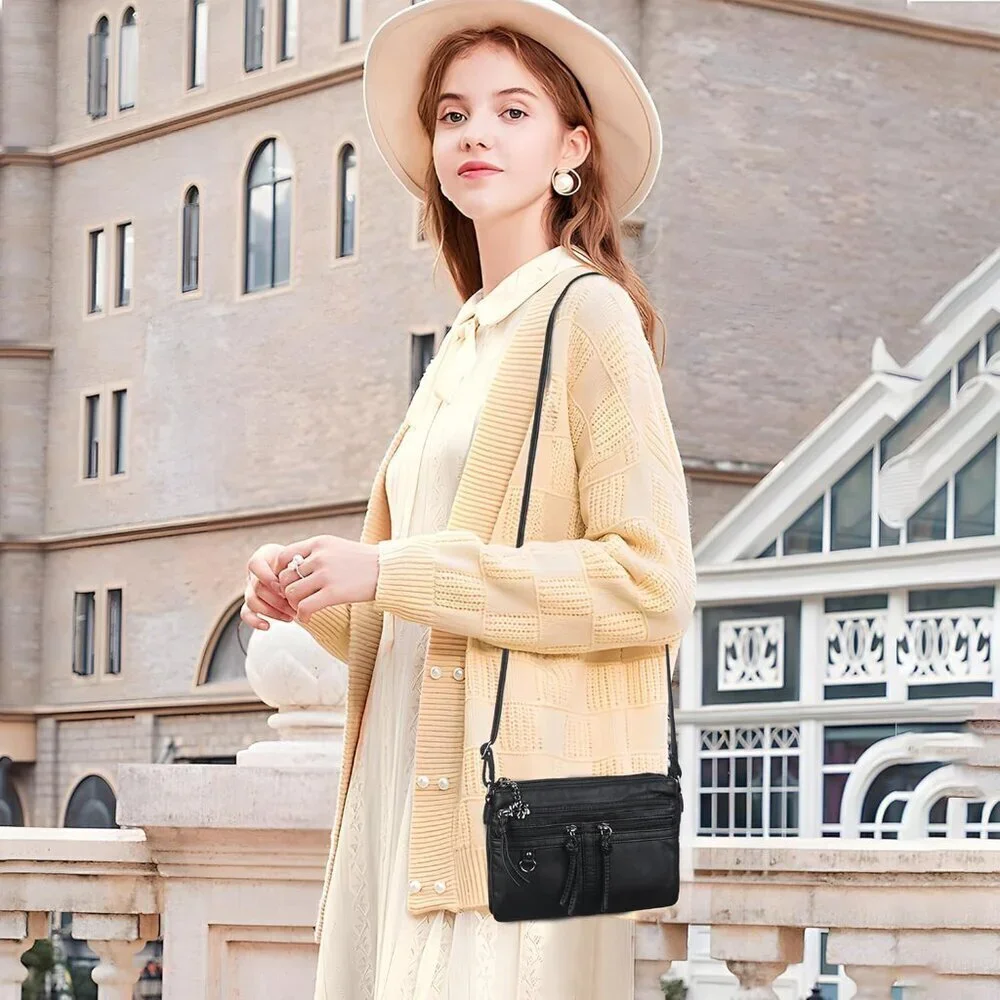 Leather Crossbody Bag Women Small Multi-Pocket Zipper Shoulder Purse
